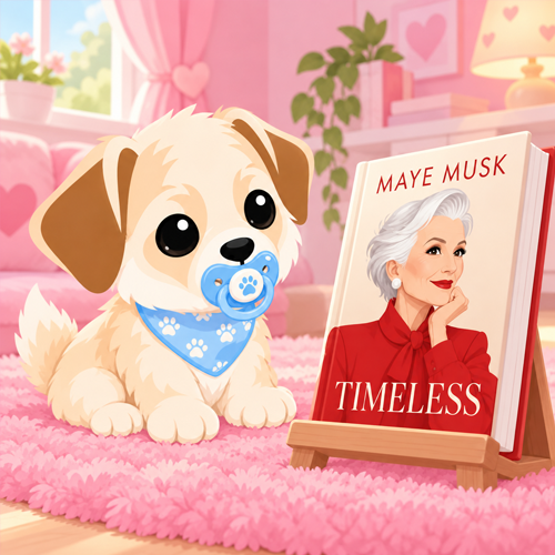 Baby Cali next to Maye Musk's book TIMELESS