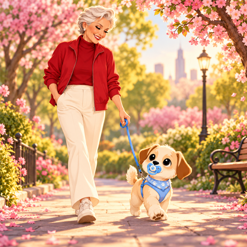 Baby Cali walking with Maye under pink blossoms